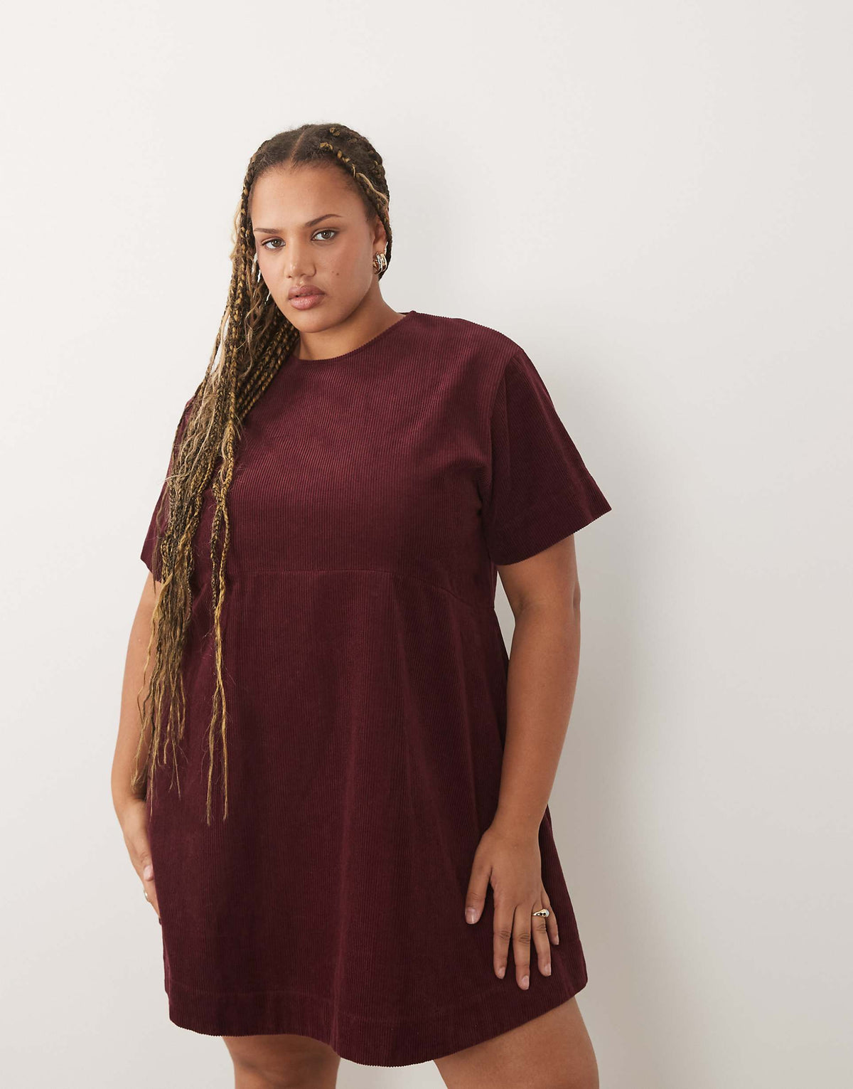 ASOS DESIGN Curve corduroy mini T-shirt dress in burgundy
