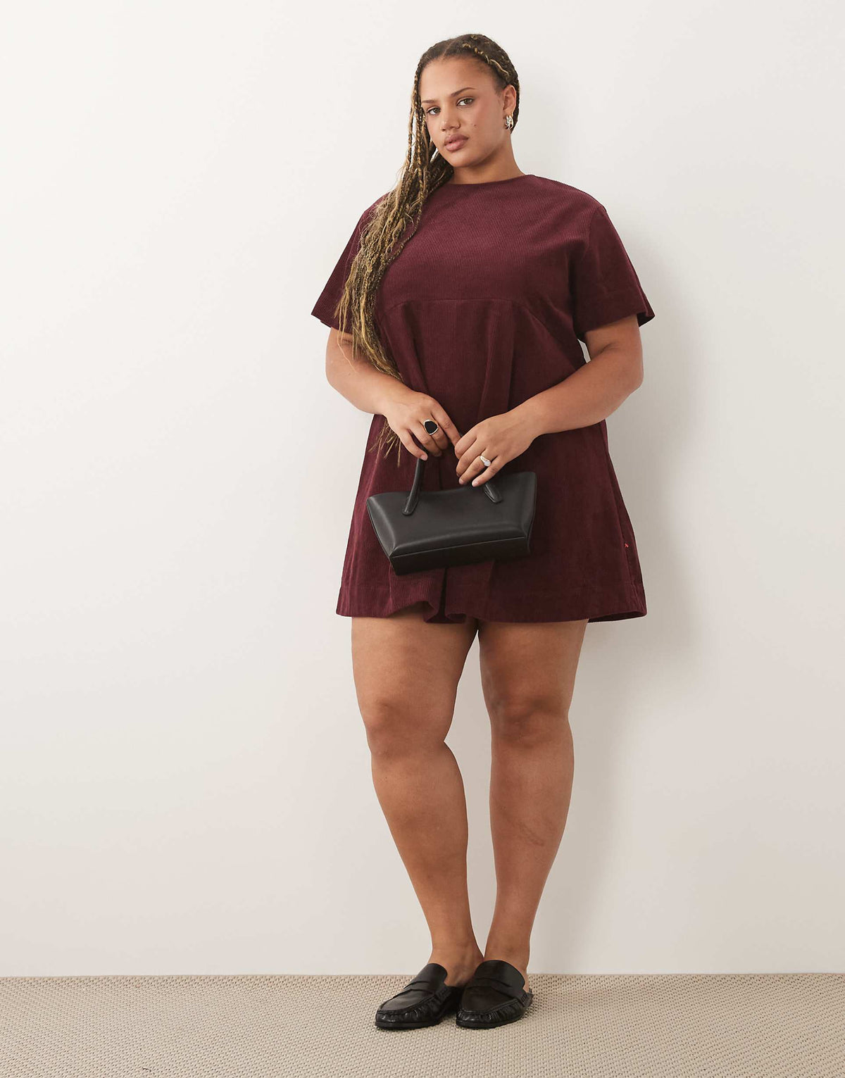 ASOS DESIGN Curve corduroy mini T-shirt dress in burgundy