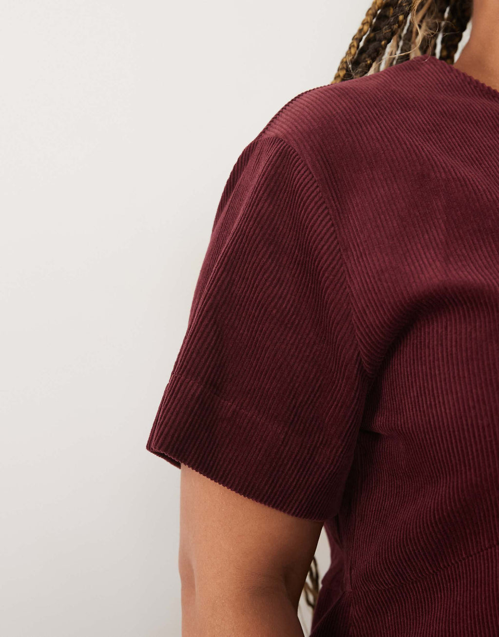 ASOS DESIGN Curve corduroy mini T-shirt dress in burgundy