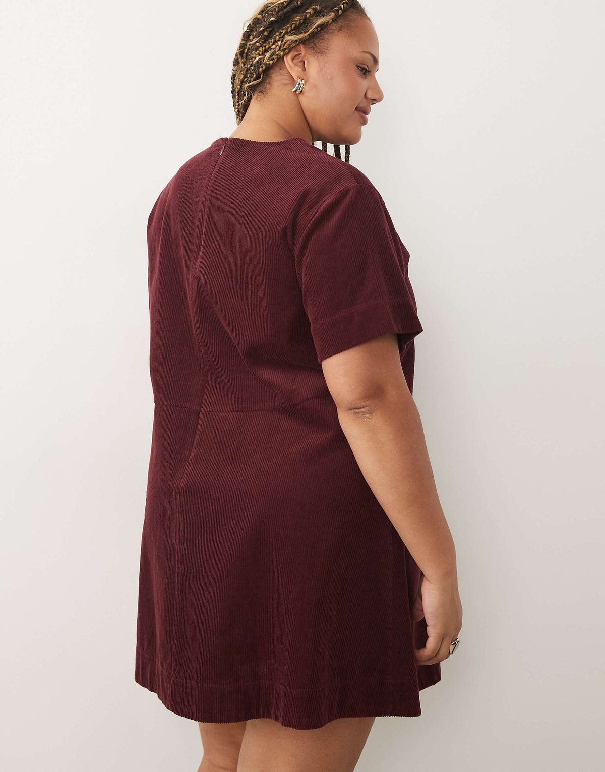 ASOS DESIGN Curve corduroy mini T-shirt dress in burgundy