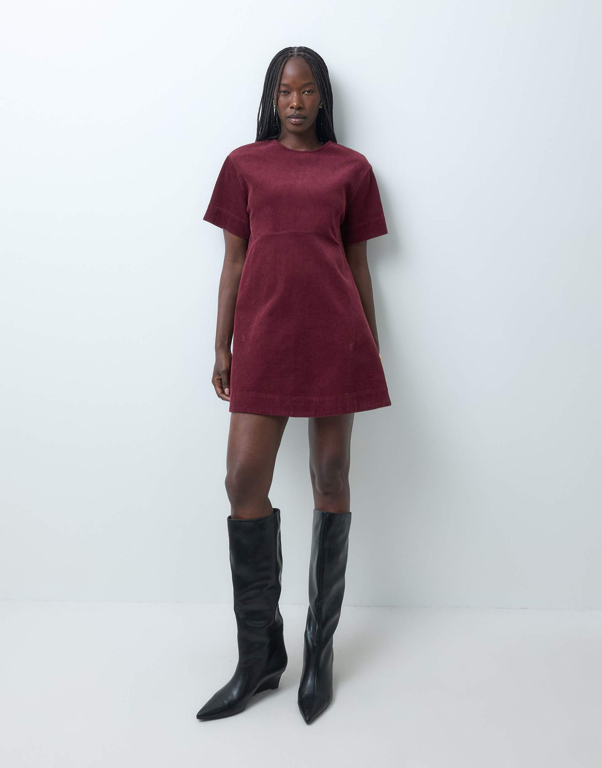ASOS DESIGN mini cord t-shirt dress in burgundy