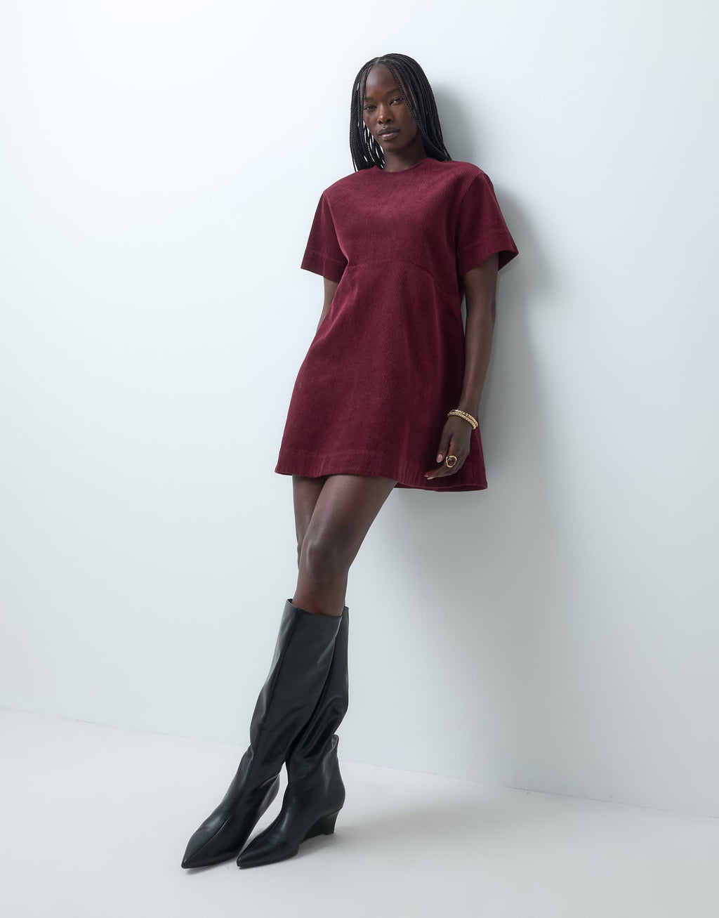 ASOS DESIGN mini cord t-shirt dress in burgundy