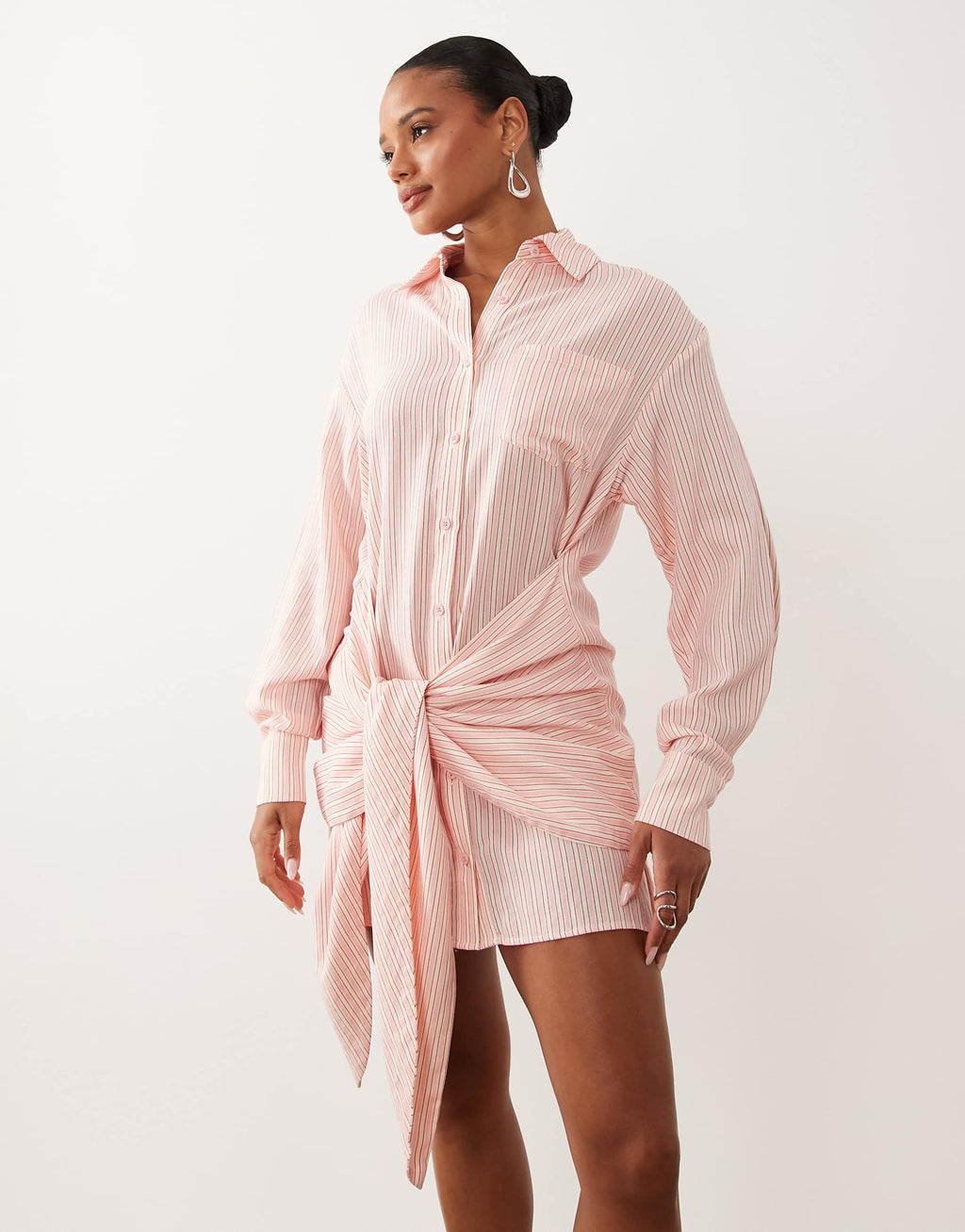 Missy Empire cotton blend tie front detail button up shirt mini dress in pink stripes