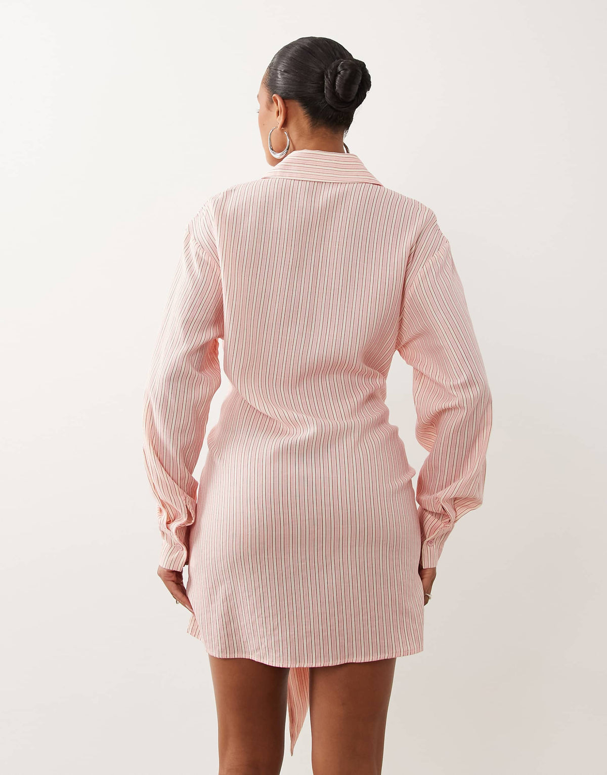 Missy Empire cotton blend tie front detail button up shirt mini dress in pink stripes