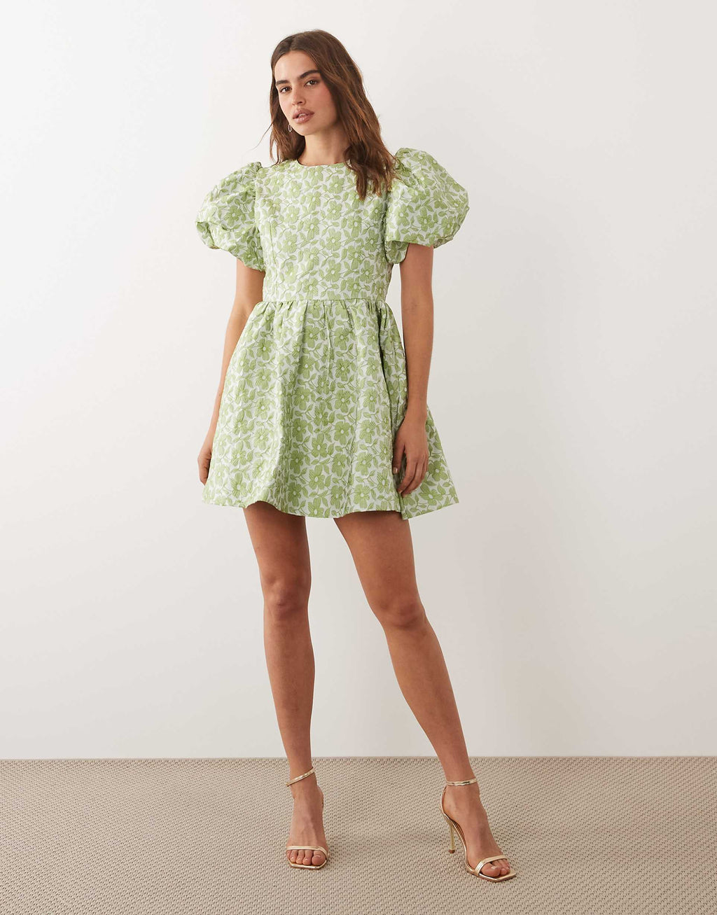 Sister Jane Freja jacquard round neck puff sleeve mini dress in light green floral