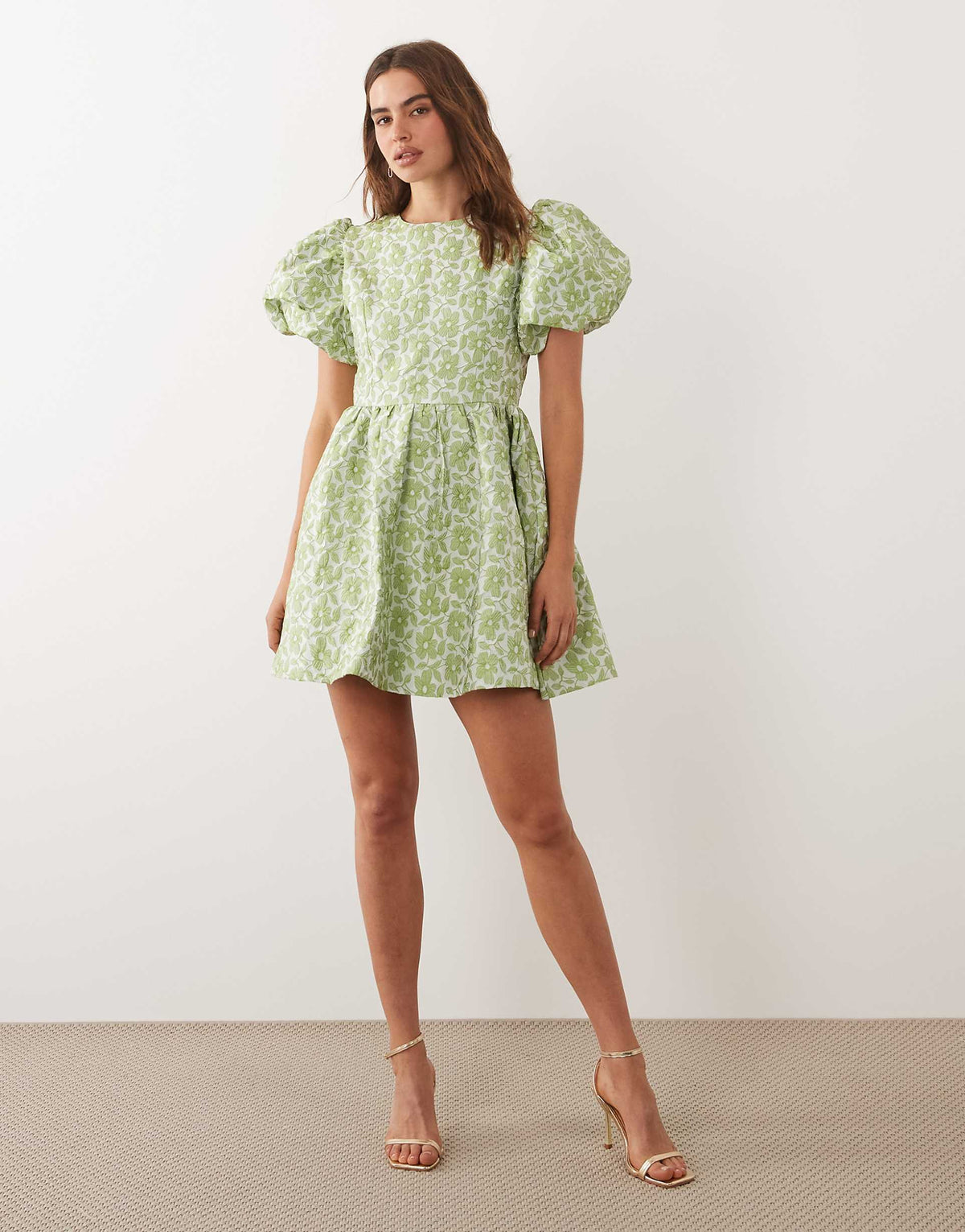 Sister Jane Freja jacquard round neck puff sleeve mini dress in light green floral