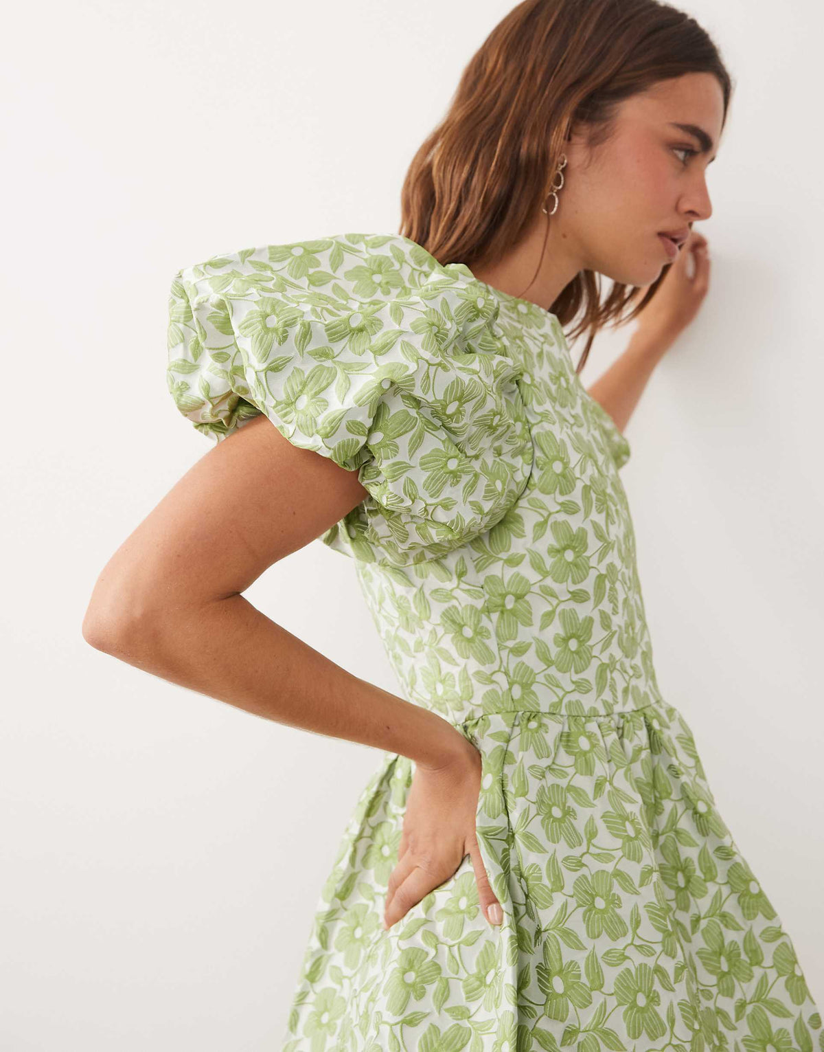 Sister Jane Freja jacquard round neck puff sleeve mini dress in light green floral