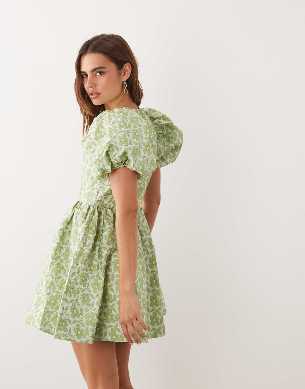 Sister Jane Freja jacquard round neck puff sleeve mini dress in light green floral