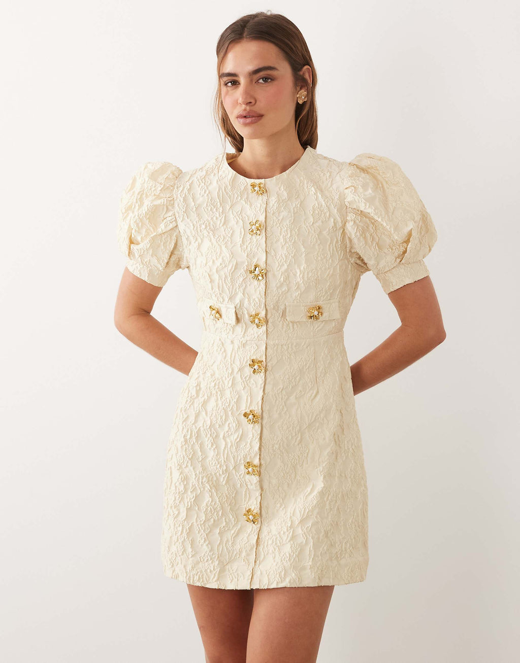 Sister Jane Anemone Exclusive jacquard round neck puff sleeve mini dress in butter yellow