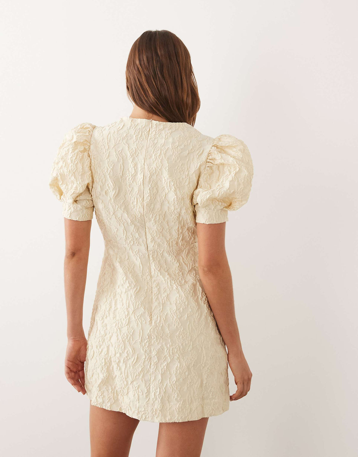 Sister Jane Anemone Exclusive jacquard round neck puff sleeve mini dress in butter yellow