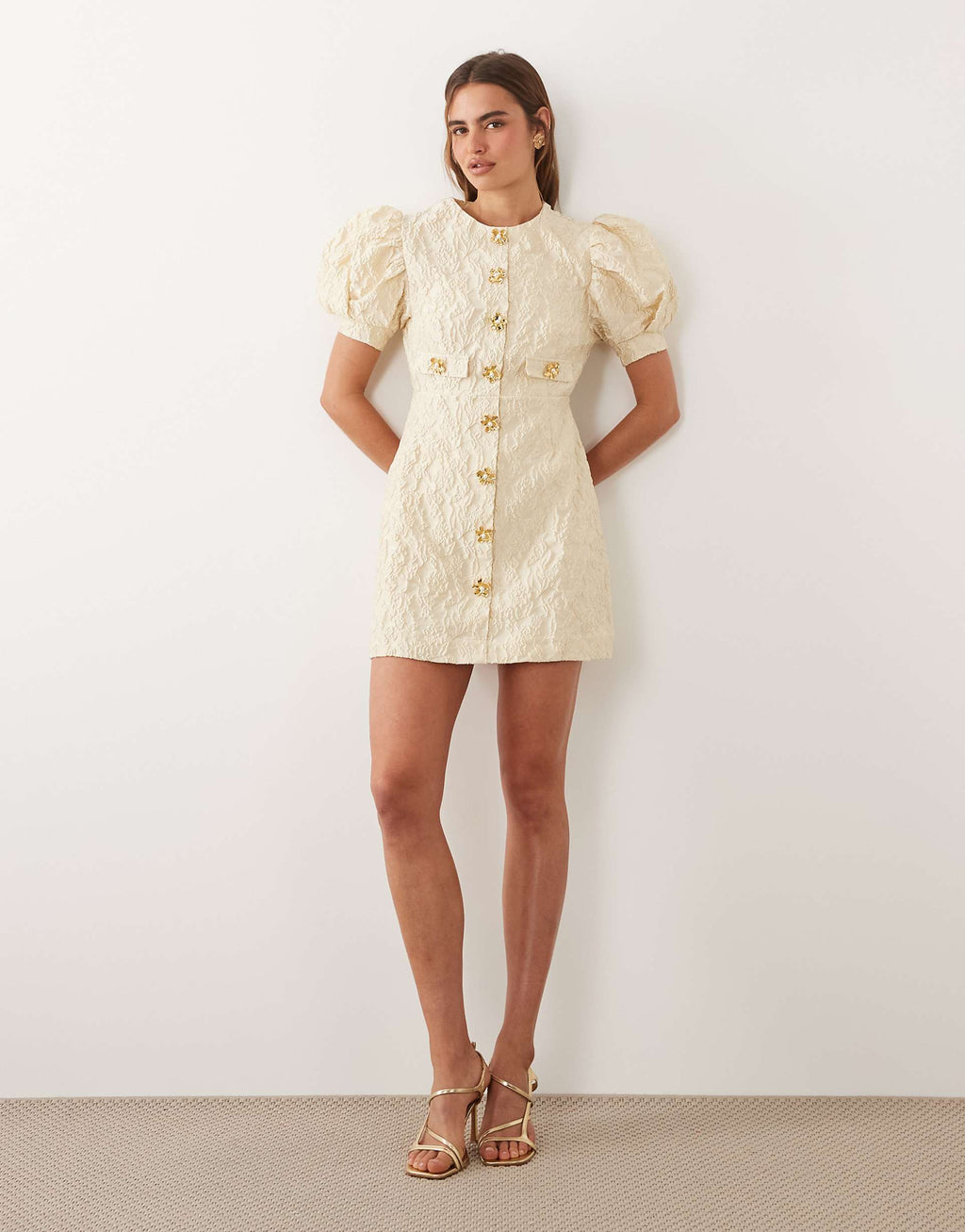 Sister Jane Anemone Exclusive jacquard round neck puff sleeve mini dress in butter yellow