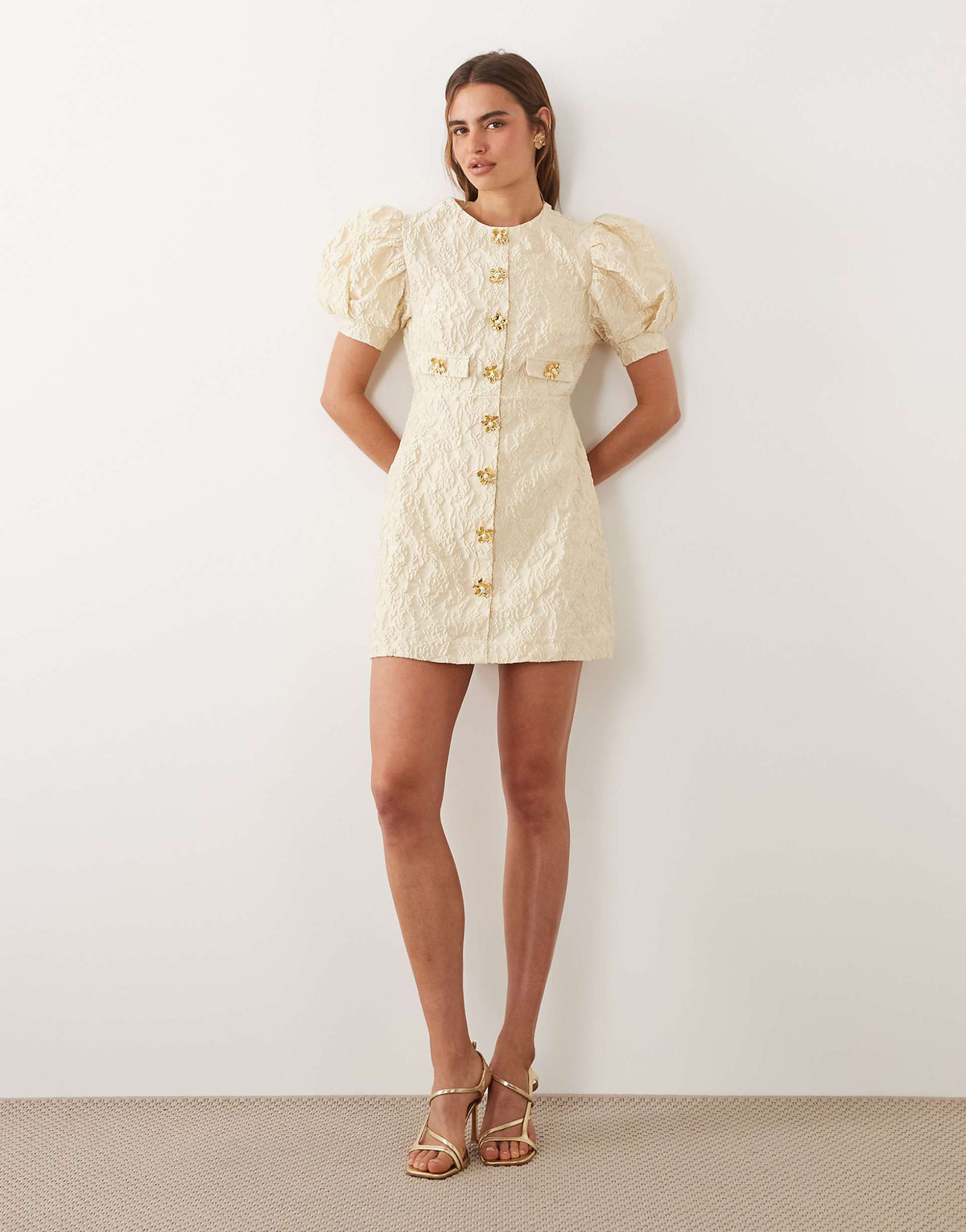 Sister Jane Anemone Exclusive jacquard round neck puff sleeve mini dress in butter yellow