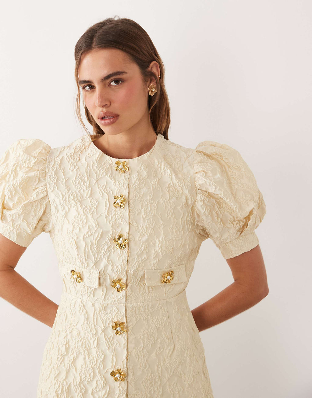 Sister Jane Anemone Exclusive jacquard round neck puff sleeve mini dress in butter yellow