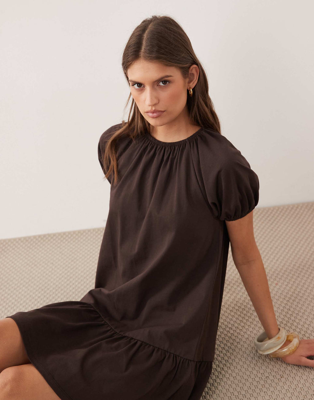 ASOS DESIGN puff sleeve mini dress with gathering details in chocolate