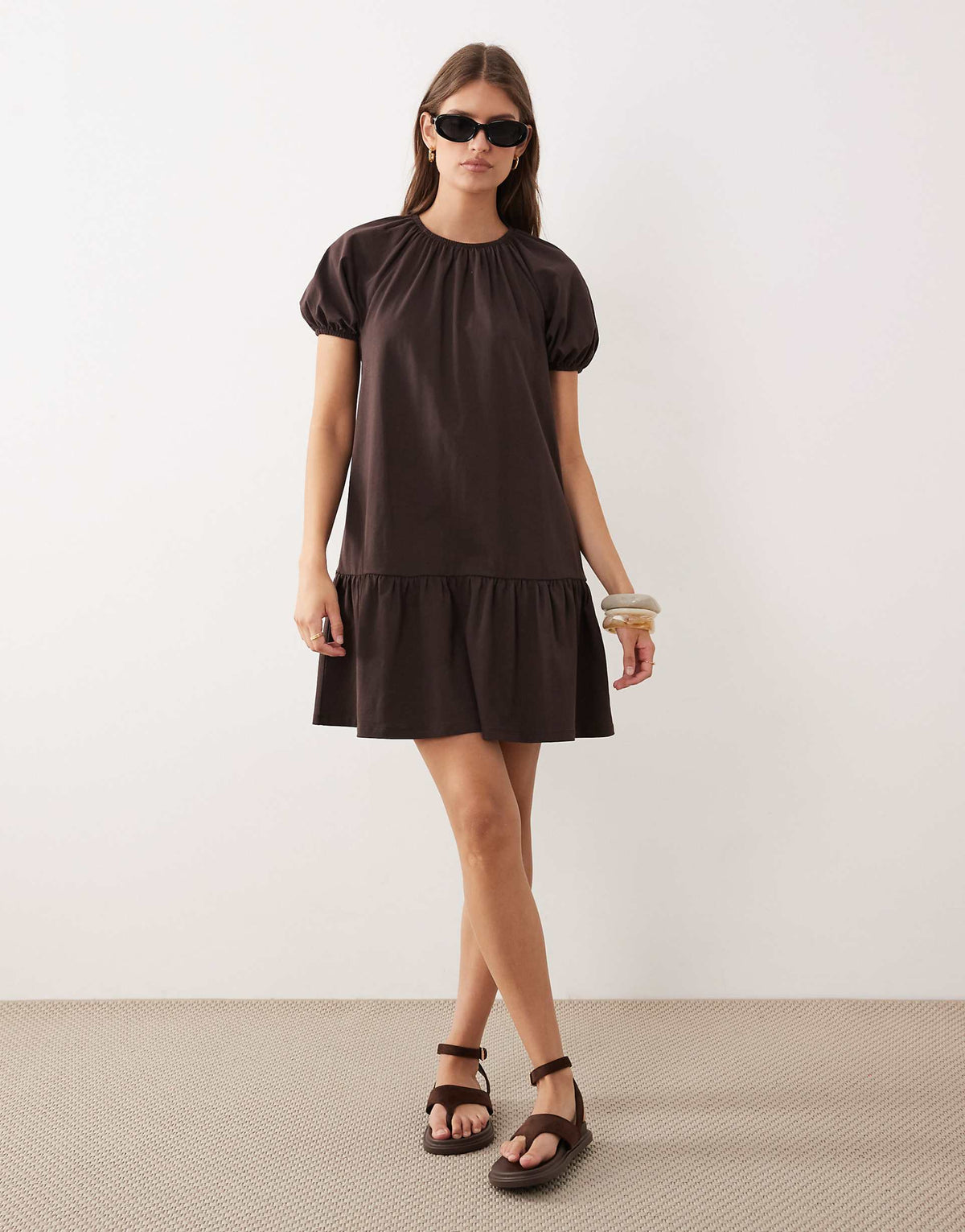 ASOS DESIGN puff sleeve mini dress with gathering details in chocolate