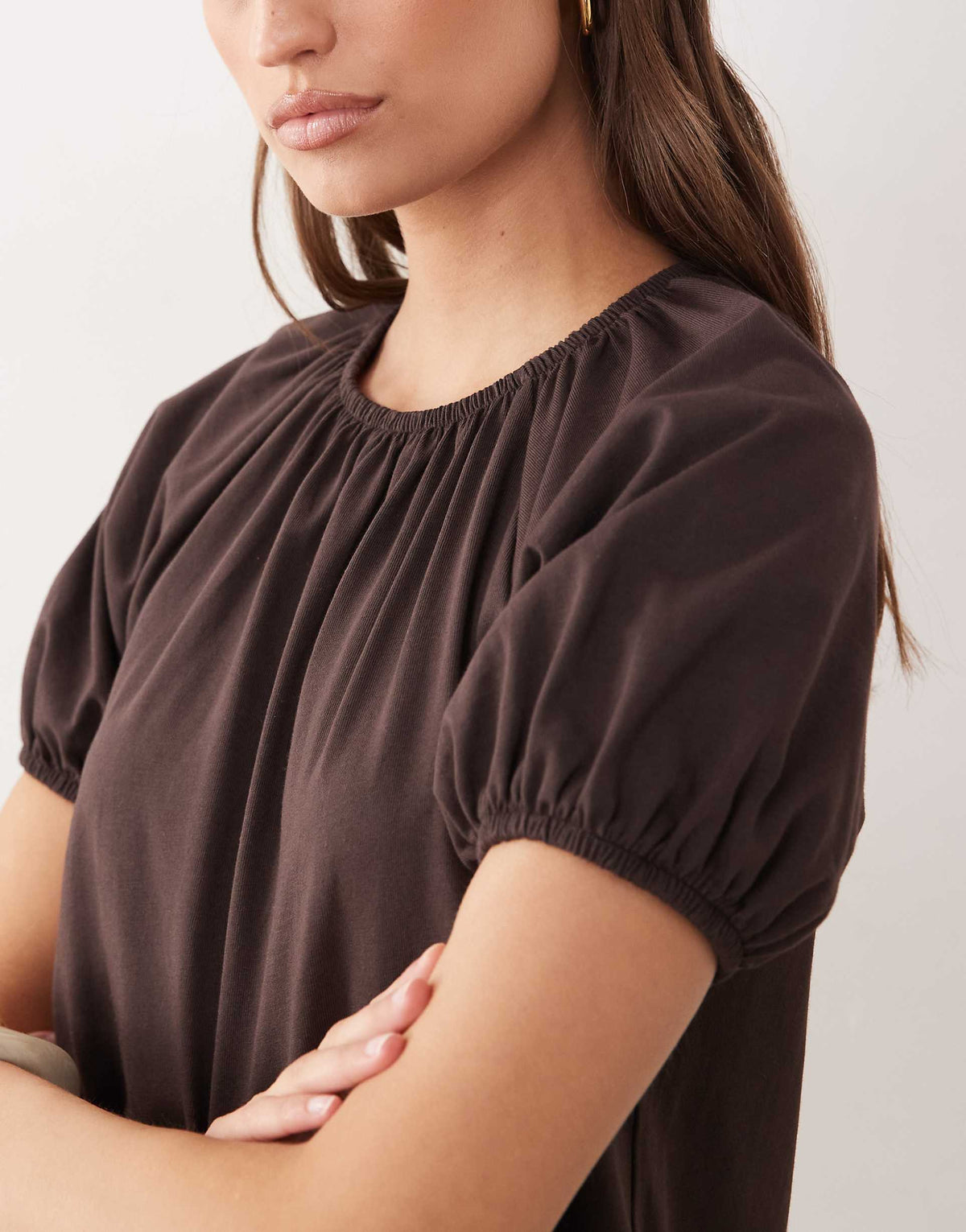 ASOS DESIGN puff sleeve mini dress with gathering details in chocolate