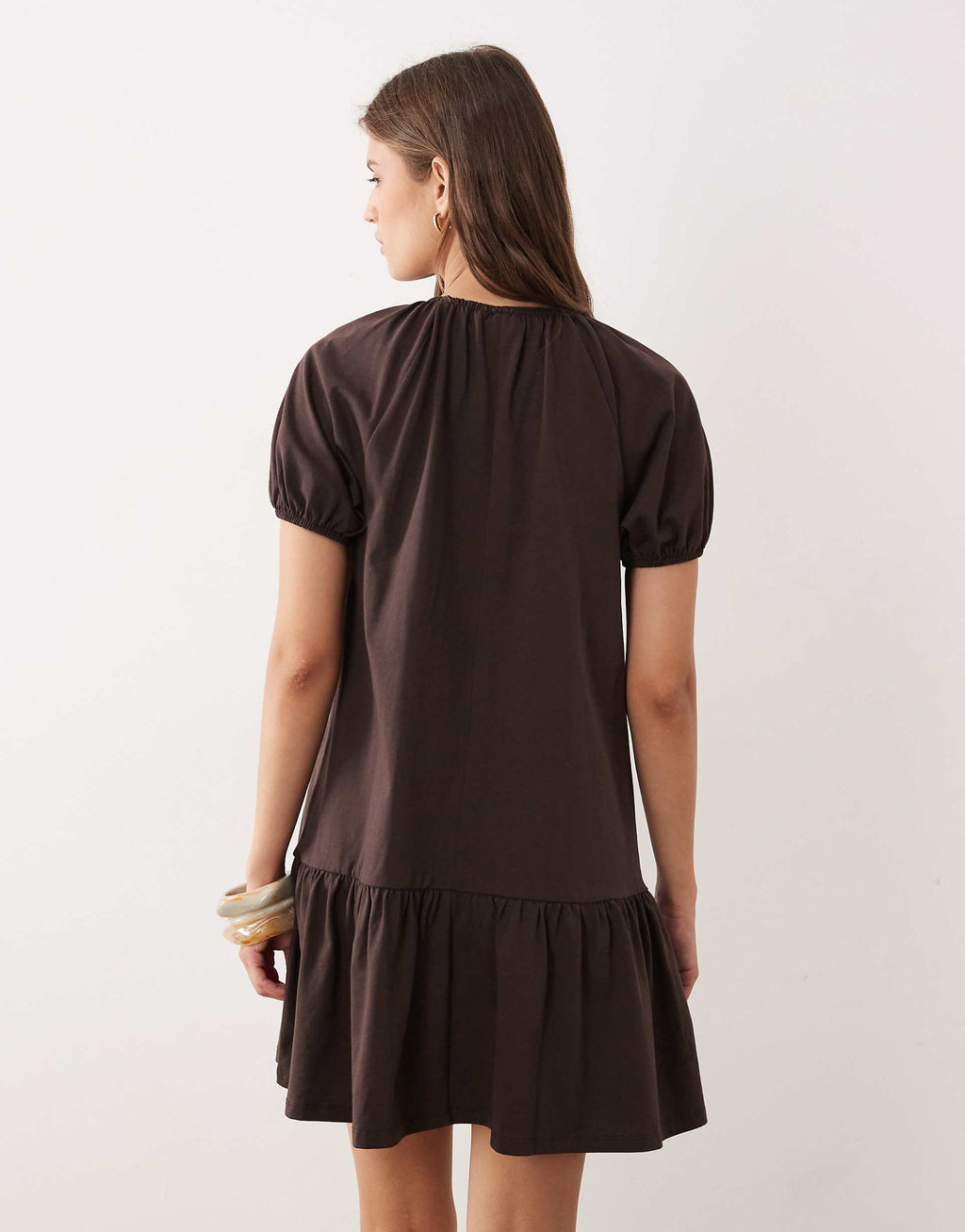 ASOS DESIGN puff sleeve mini dress with gathering details in chocolate