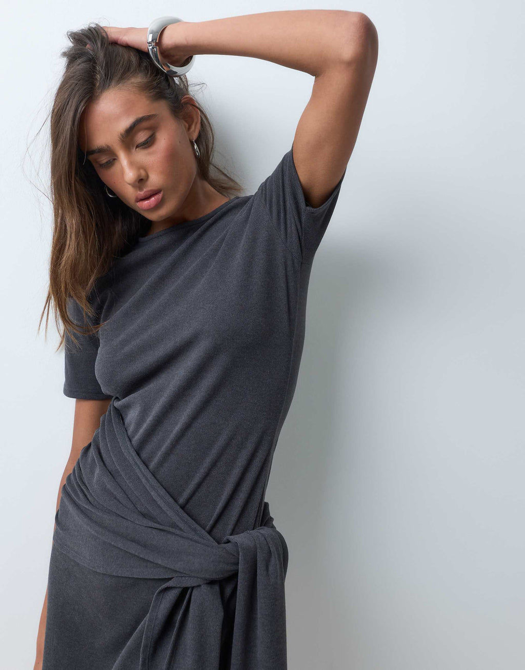 ASOS DESIGN supersoft side tie mini dress in charcoal