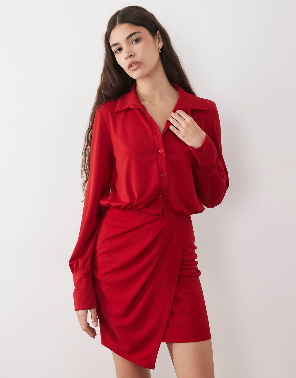 ASOS DESIGN long sleeve shirt detail with wrap skirt mini dress in red