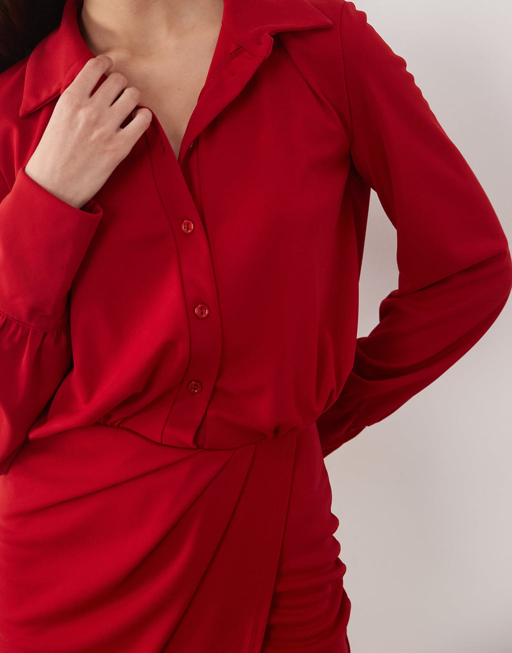 ASOS DESIGN long sleeve shirt detail with wrap skirt mini dress in red