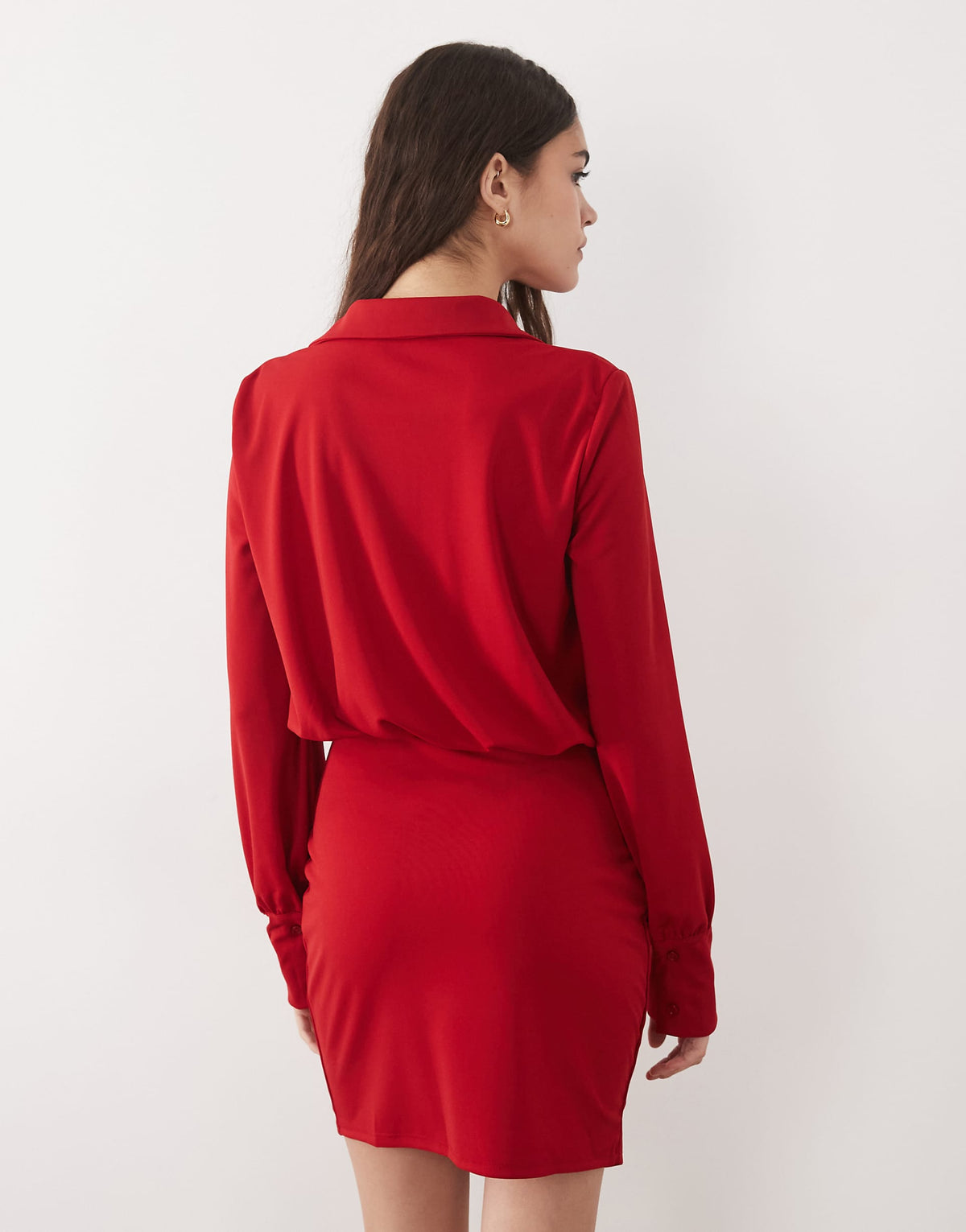 ASOS DESIGN long sleeve shirt detail with wrap skirt mini dress in red