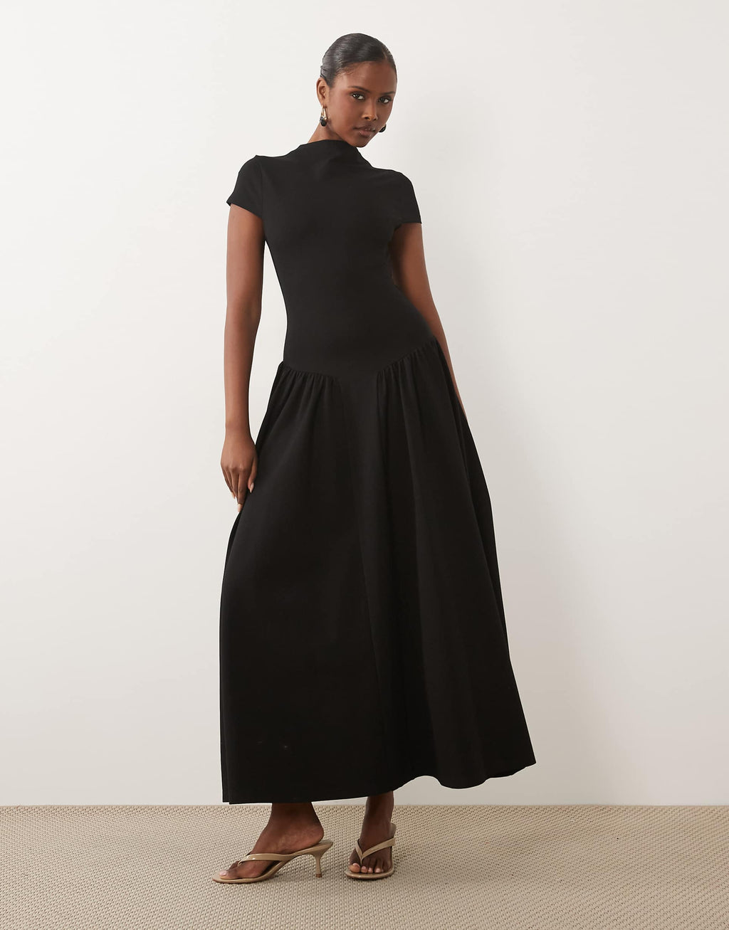 Kaiia exclusive high neck short sleeve fit and flare basque dropped waist detail maxi dress in black