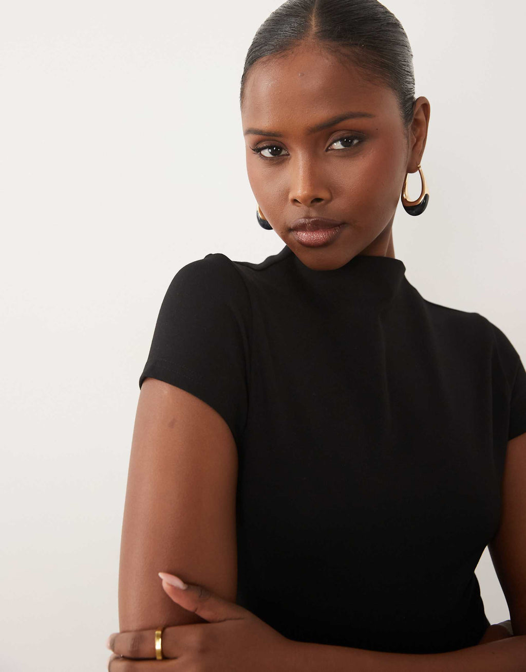 Kaiia exclusive high neck short sleeve fit and flare basque dropped waist detail maxi dress in black