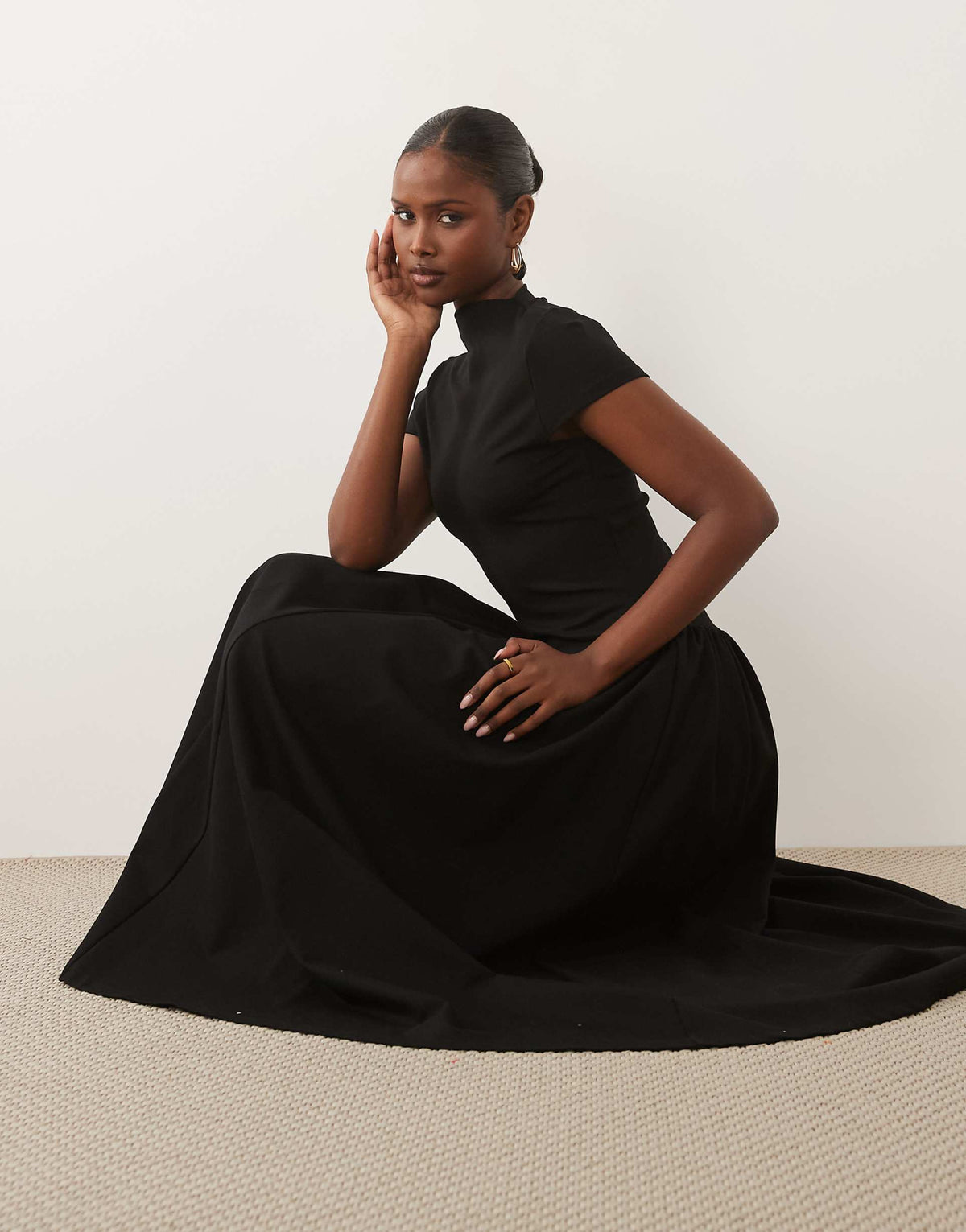 Kaiia exclusive high neck short sleeve fit and flare basque dropped waist detail maxi dress in black