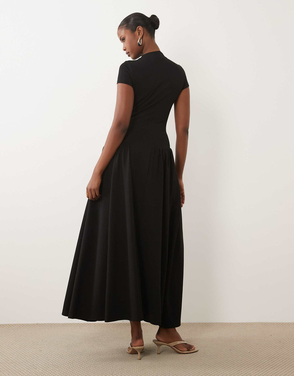 Kaiia exclusive high neck short sleeve fit and flare basque dropped waist detail maxi dress in black