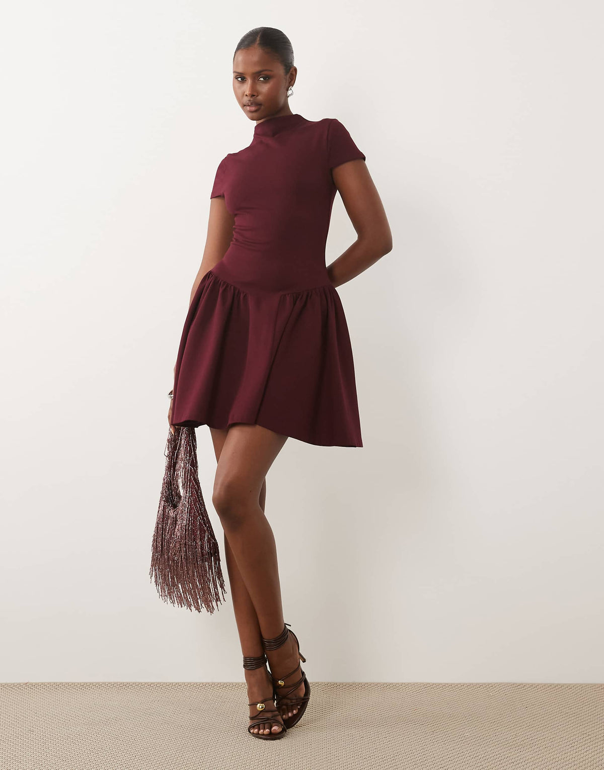 Kaiia exclusive high neck short sleeve fit and flare basque dropped waist detail mini dress in burgundy