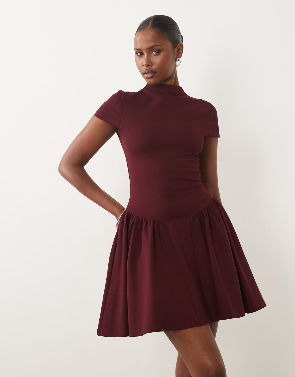 Kaiia exclusive high neck short sleeve fit and flare basque dropped waist detail mini dress in burgundy