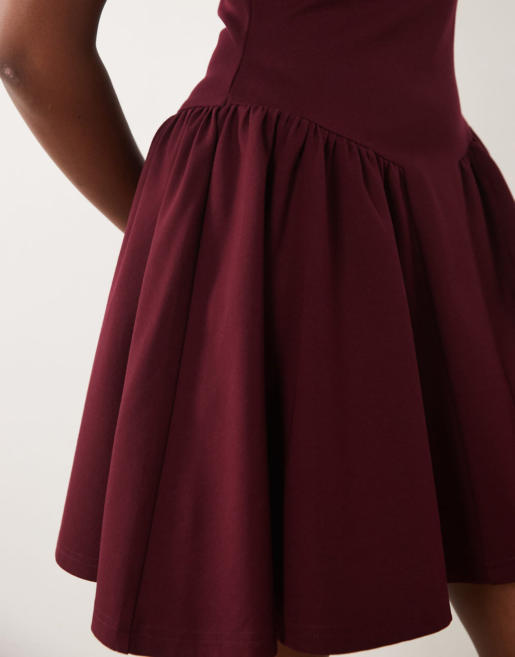 Kaiia exclusive high neck short sleeve fit and flare basque dropped waist detail mini dress in burgundy