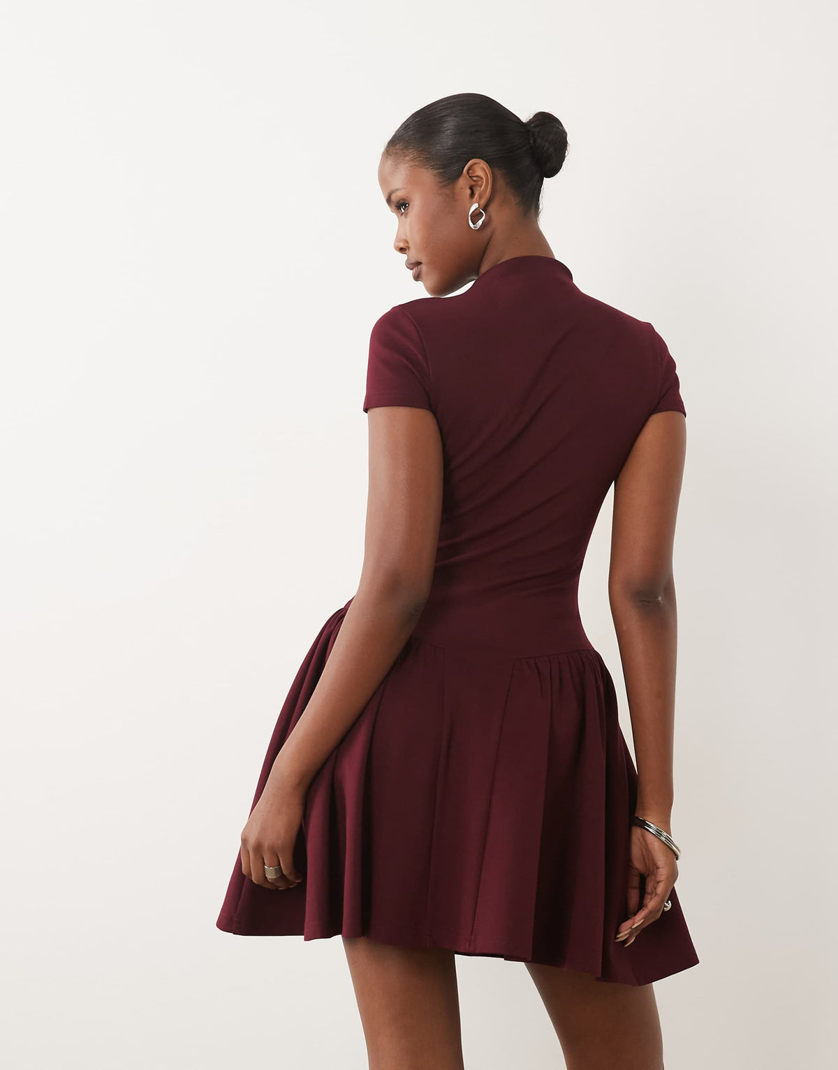 Kaiia exclusive high neck short sleeve fit and flare basque dropped waist detail mini dress in burgundy