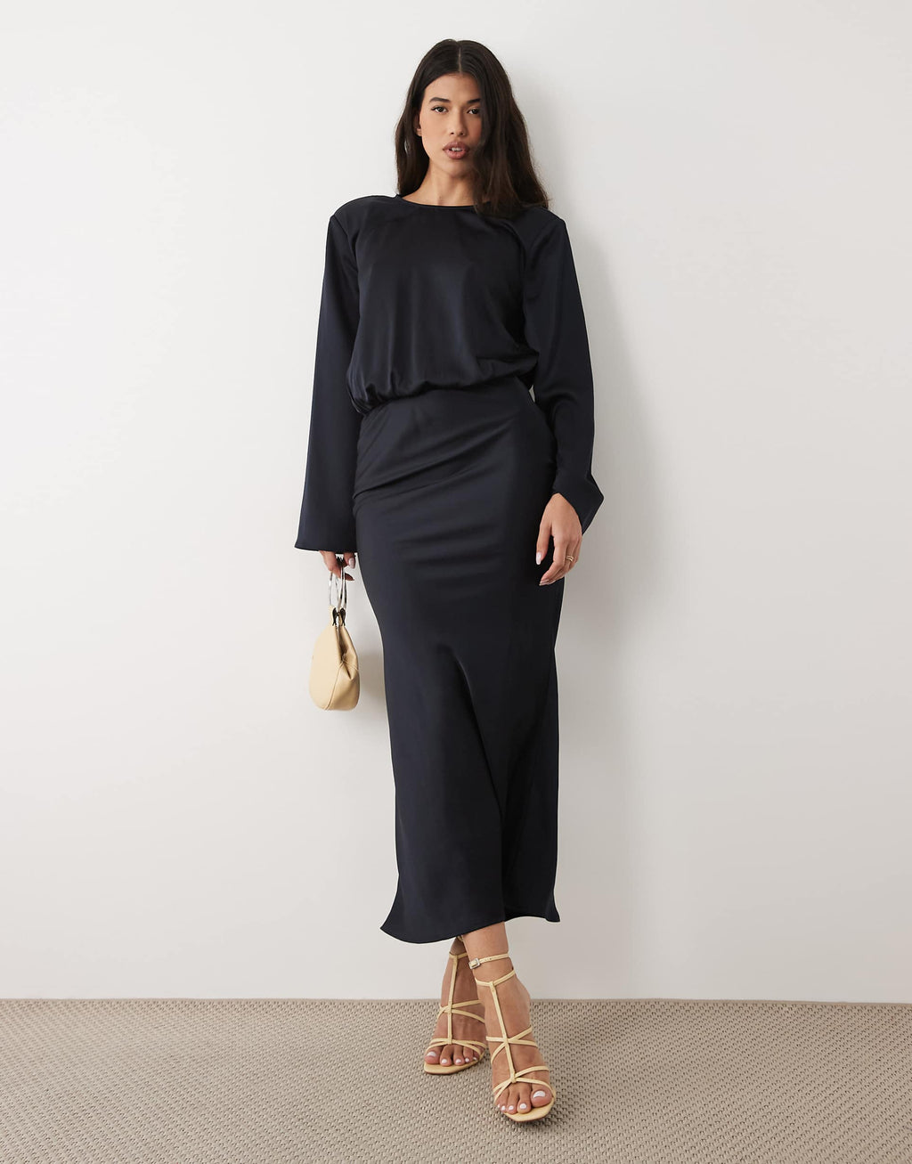 Kaiia exclusive satin cinched blouson waist flared sleeve maxi dress in midnight navy