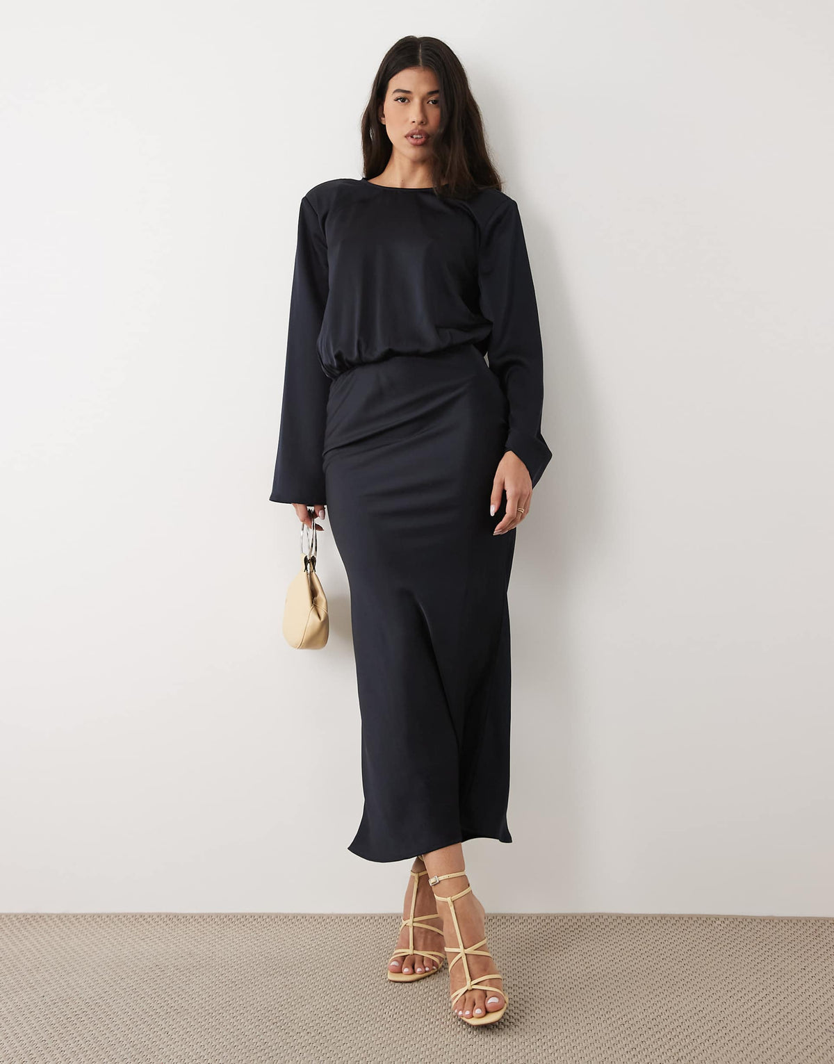 Kaiia exclusive satin cinched blouson waist flared sleeve maxi dress in midnight navy