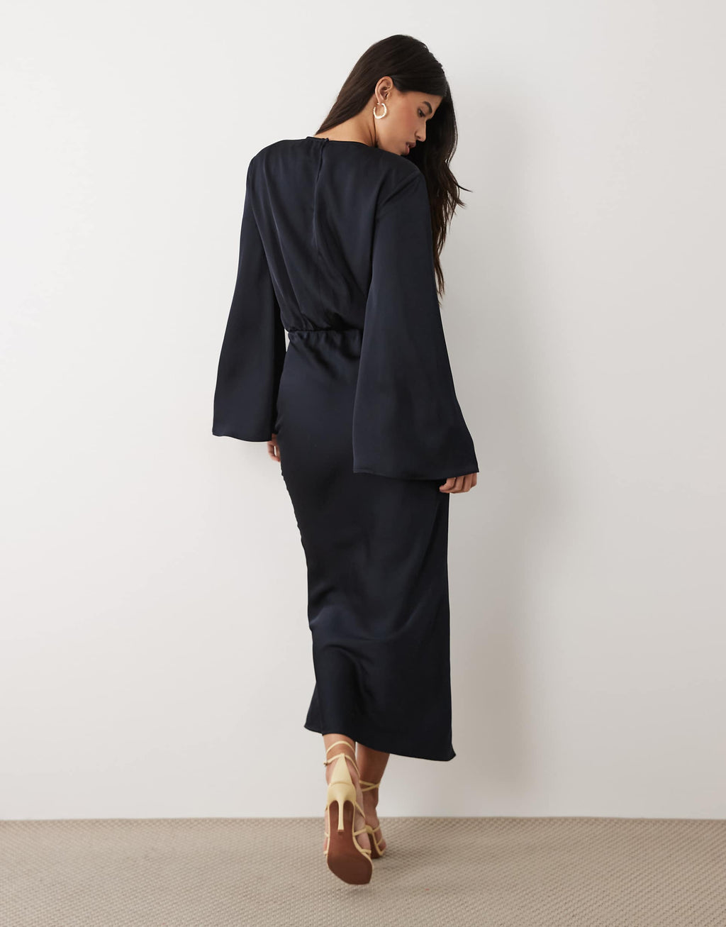 Kaiia exclusive satin cinched blouson waist flared sleeve maxi dress in midnight navy