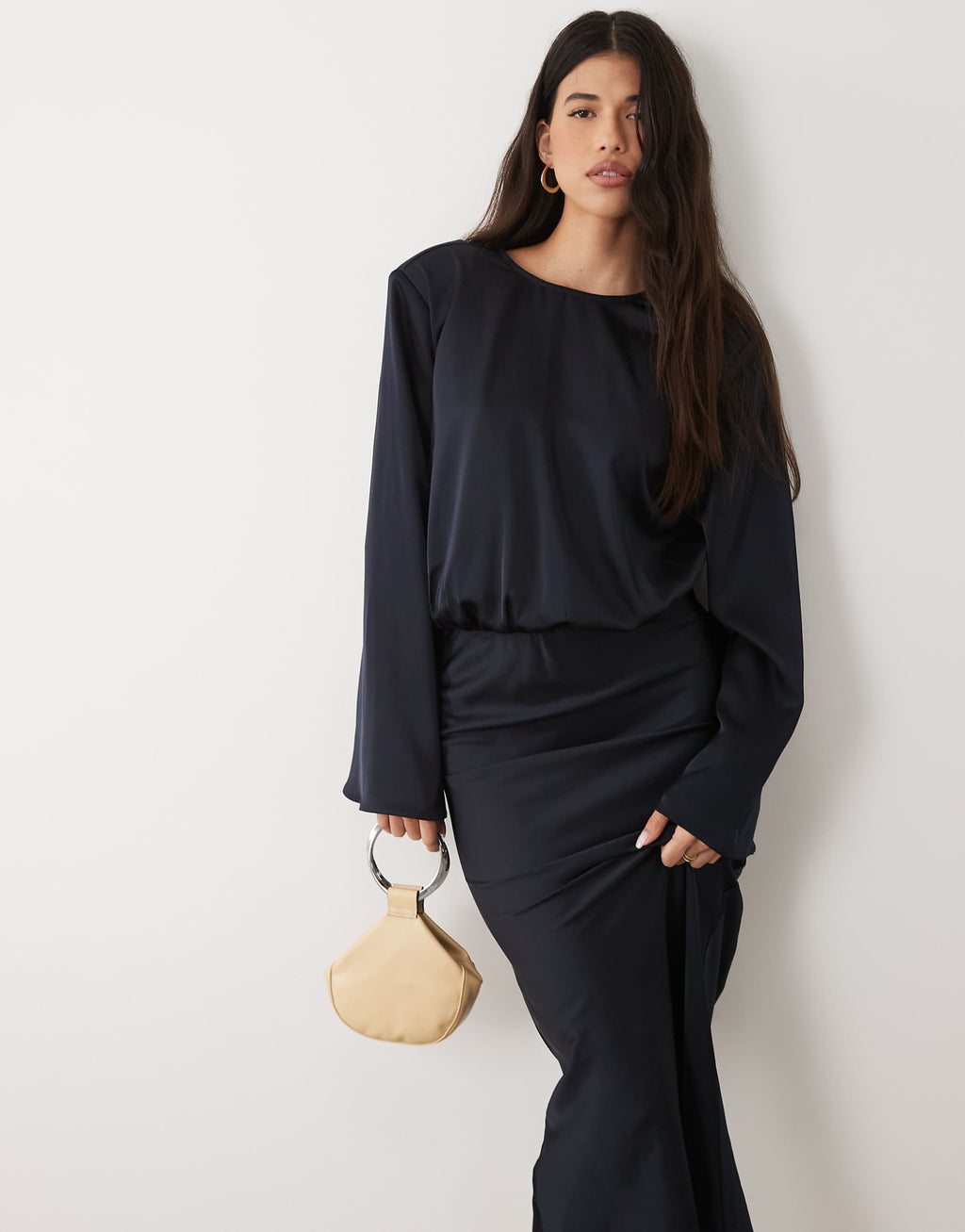 Kaiia exclusive satin cinched blouson waist flared sleeve maxi dress in midnight navy