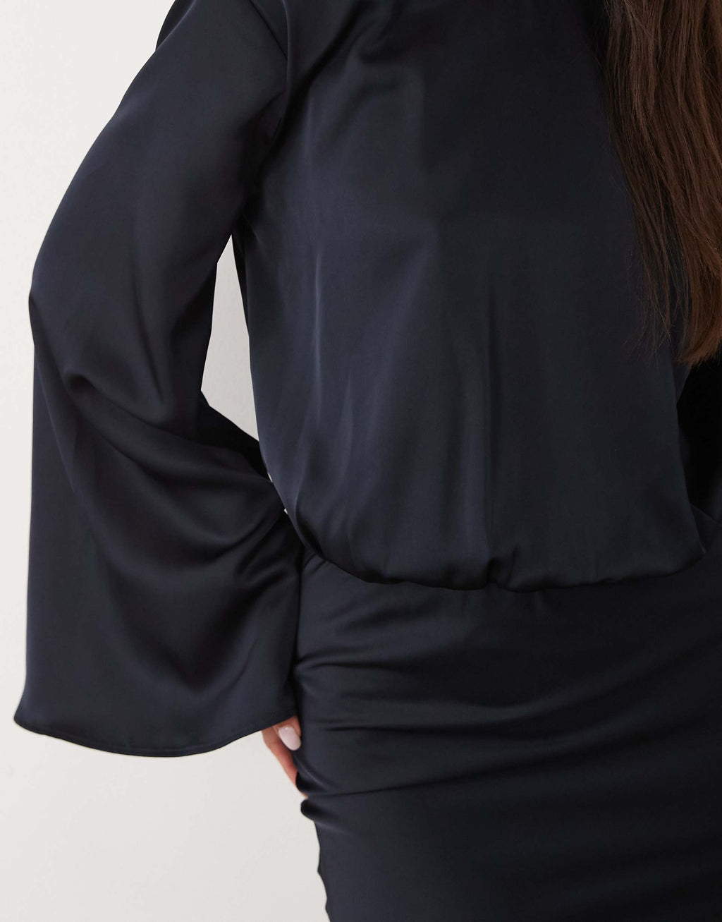 Kaiia exclusive satin cinched blouson waist flared sleeve maxi dress in midnight navy