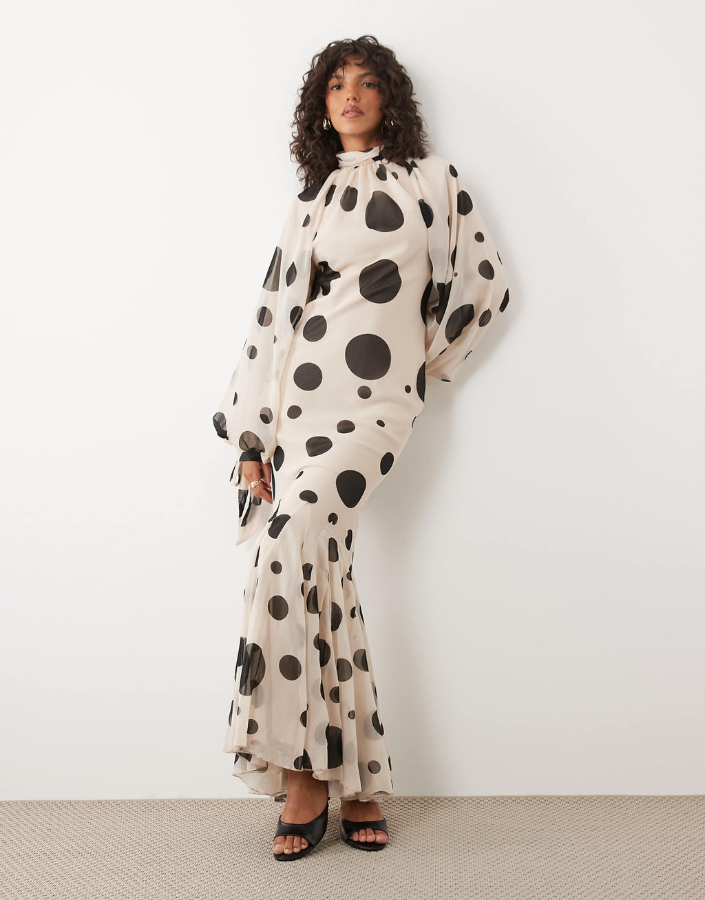 ASOS DESIGN high neck chiffon maxi dress with godet hem in polka dot