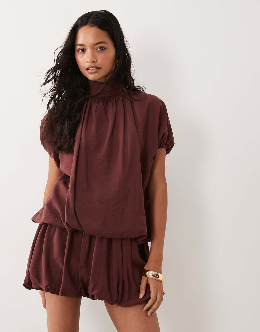 ASOS DESIGN high neck mini dress with bubble hem in chocolate brown