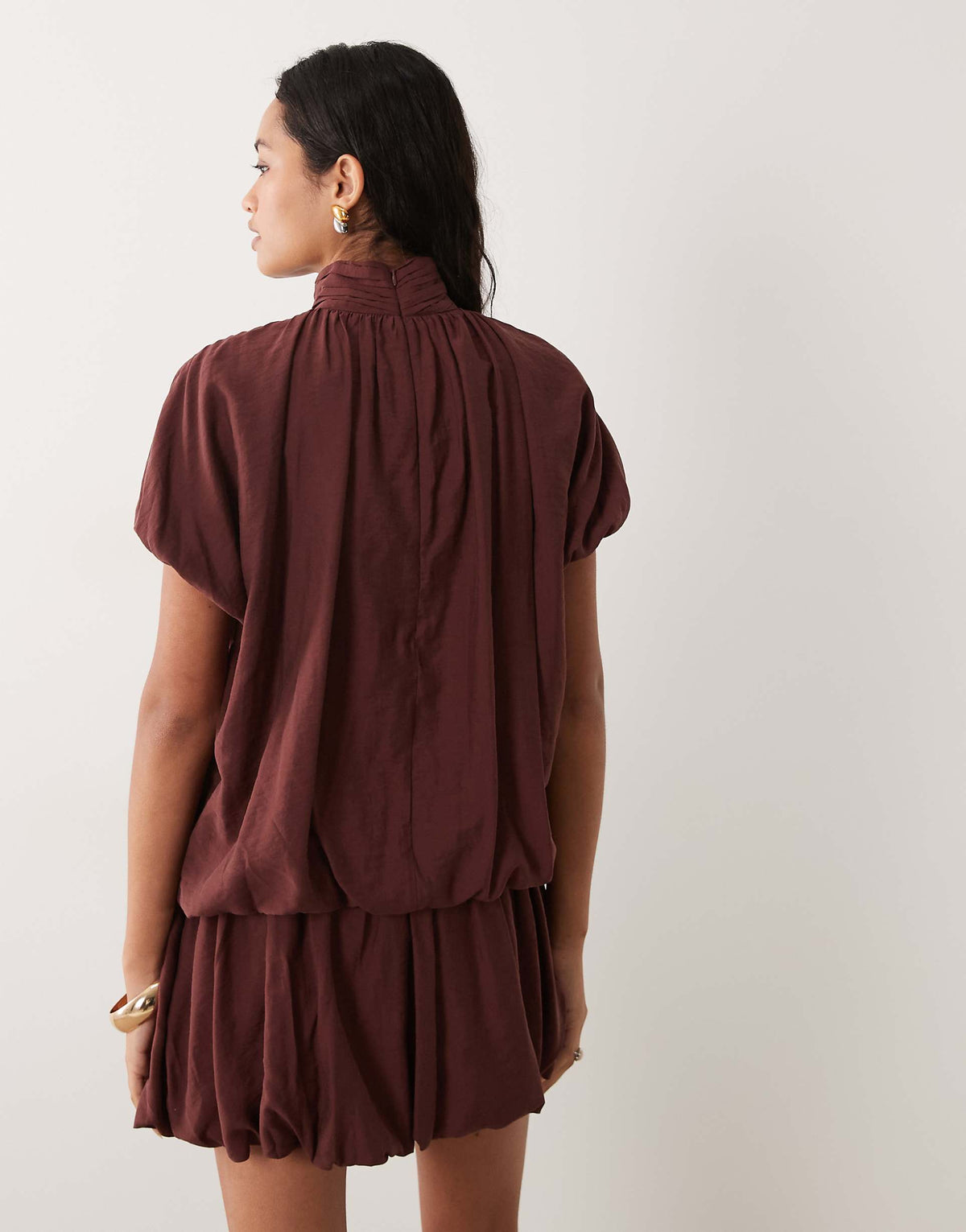 ASOS DESIGN high neck mini dress with bubble hem in chocolate brown