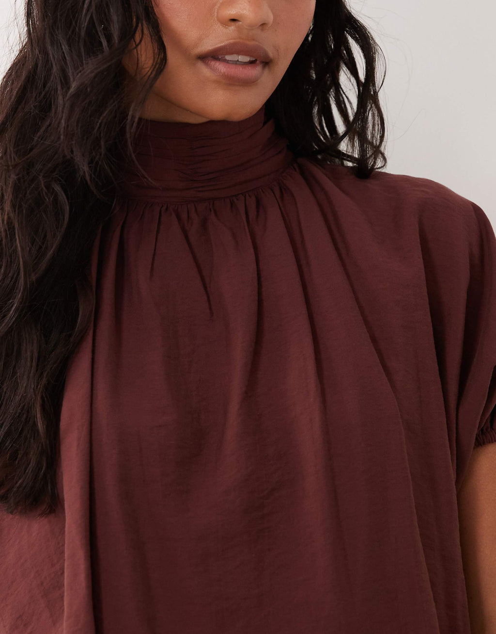 ASOS DESIGN high neck mini dress with bubble hem in chocolate brown