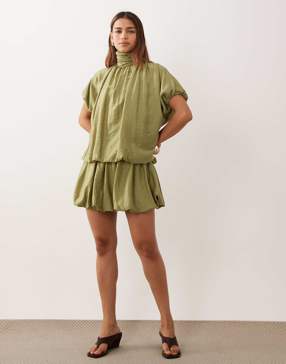 ASOS DESIGN high neck mini dress with bubble hem in sage