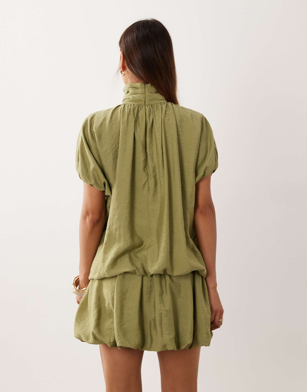 ASOS DESIGN high neck mini dress with bubble hem in sage
