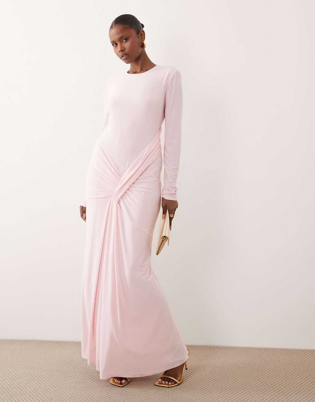Daska stretch long sleeve tie waist maxi dress in baby pink