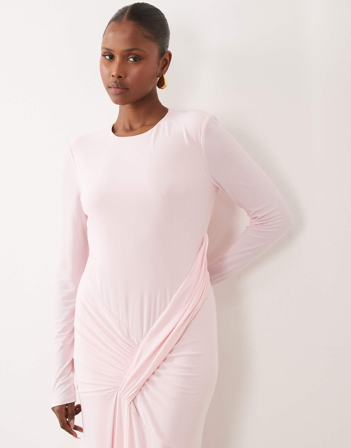 Daska stretch long sleeve tie waist maxi dress in baby pink