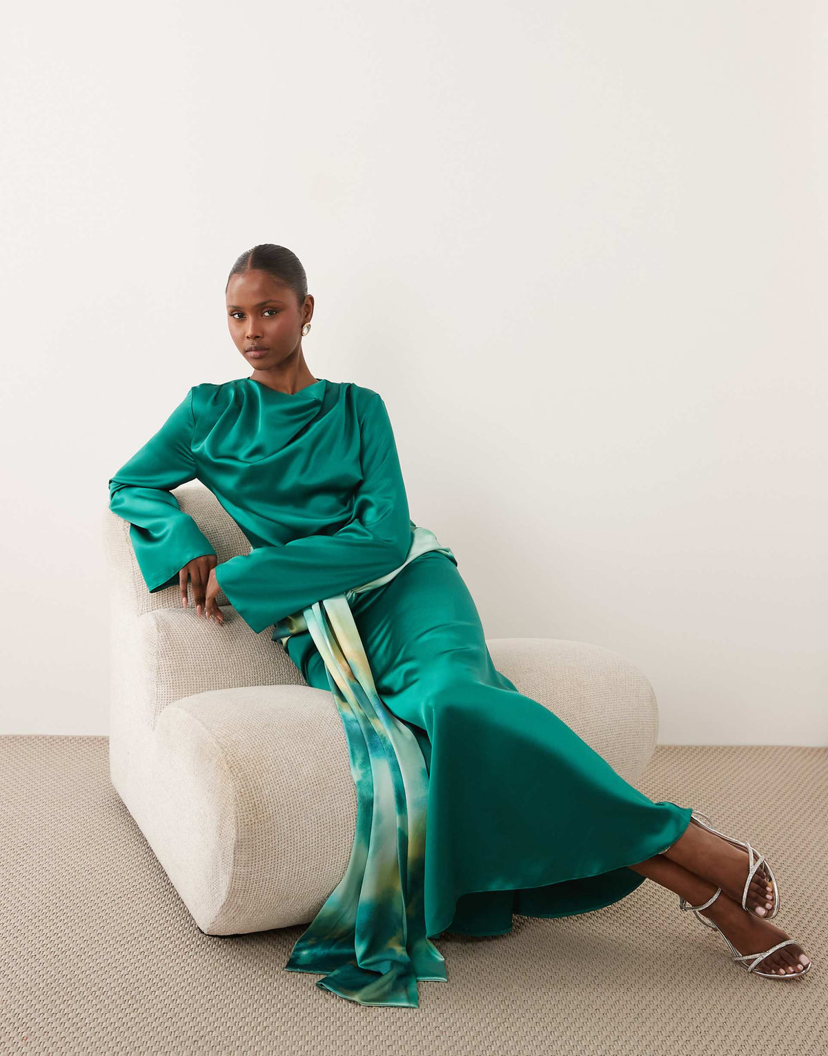 Daska satin drape maxi dress with contrast tie detail in green