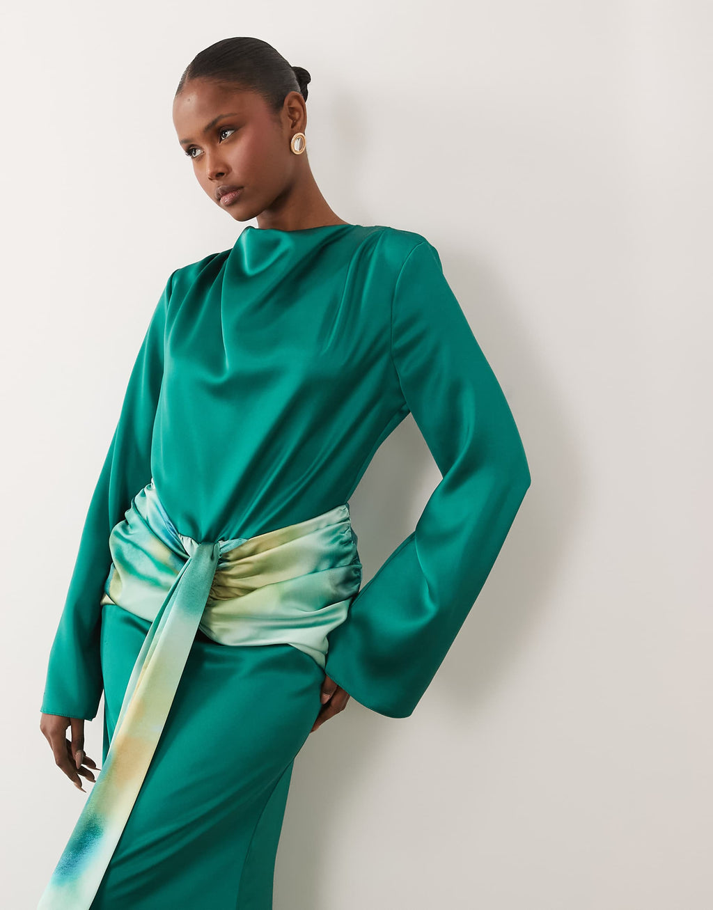 Daska satin drape maxi dress with contrast tie detail in green