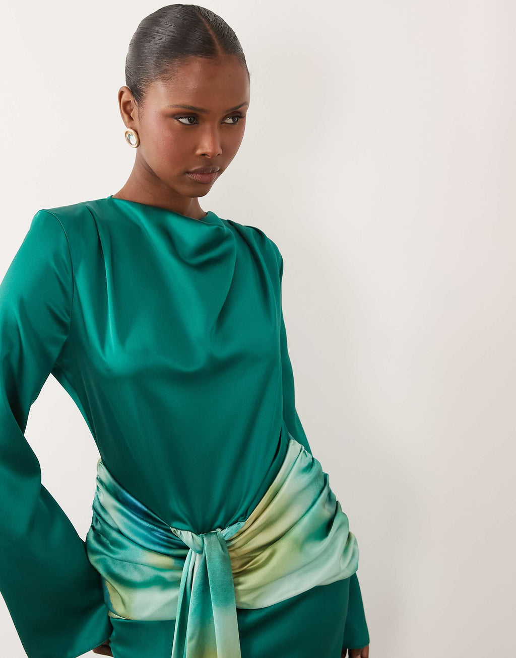 Daska satin drape maxi dress with contrast tie detail in green