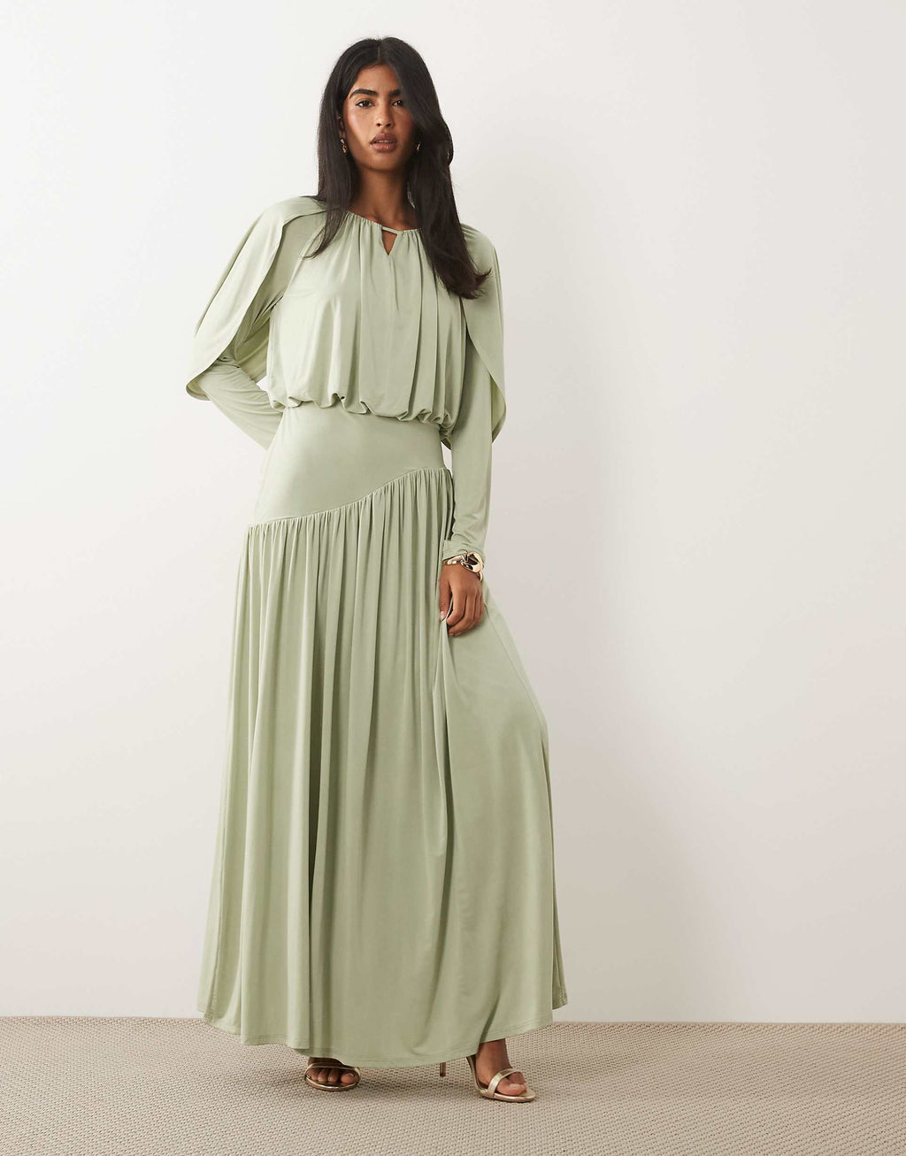 Daska ruched drop asymmetric waist with keyhole maxi dress in sage
